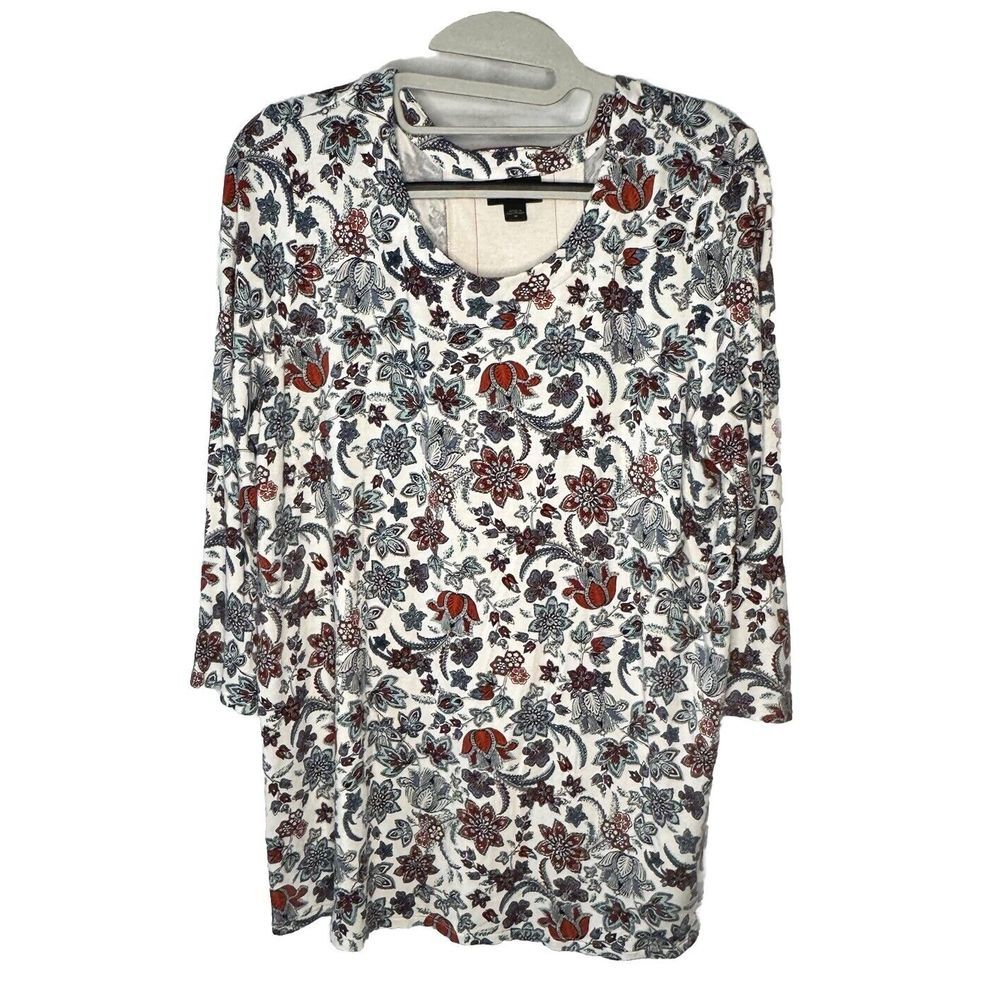J.Jll Red White Blue Floral Boho 3/4 Sleeve Stretch Blouse Women's Split Back M